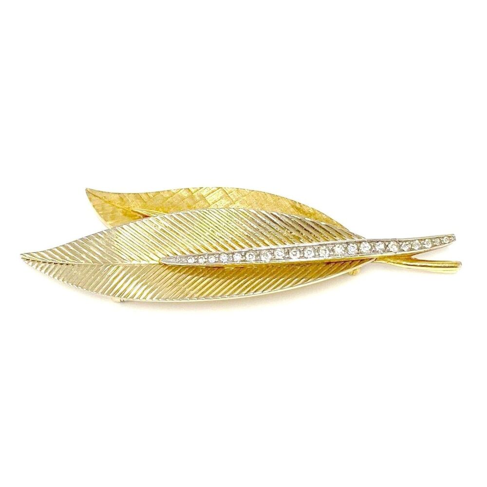 Boucher Vintage brooch Rhinestone Double Leaf Gold Plated signed 3.5" L 20g